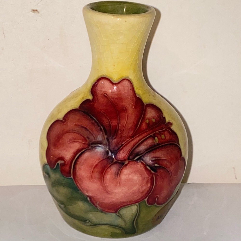 Vintage William Moorcroft Art Pottery Yellow Vase with Red Hibiscus Flower